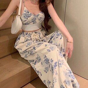 Multicolor Boho Women's Printed Short Camisole Top & Strapless Wide-Leg Pants